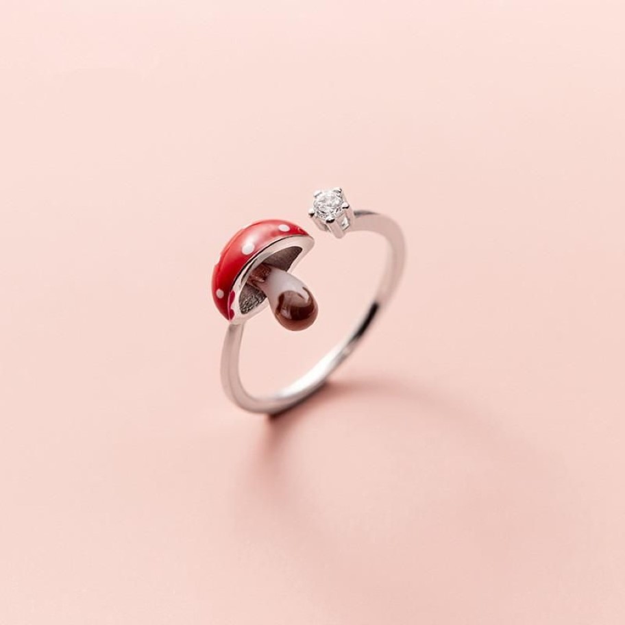 Cluster Rings Cute Dripping Red Mushroom Open Sterling 925 Silver Jewelry Diamonds Adjustable For Women Girl Gift Accessory301o