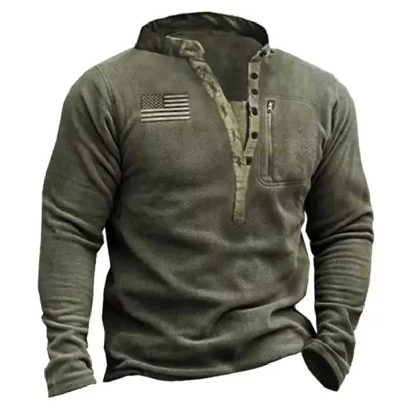 Sweats à capuche pour hommes Sweatshirts Printemps Automne Hommes Tactique Combat Top Militaire Uniforme Couleur Unie Bouton Survêtements Armée Style Vêtements Henrys col Pull 24328