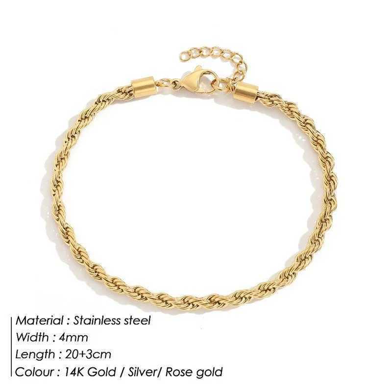 Tornozeleiras Pulseira de tornozelo com corrente de corda de aço inoxidável adequada para mulheres ouro puro 3mm 4mm pulseira acessórios para pernas joias femininas da moda XC049L2403