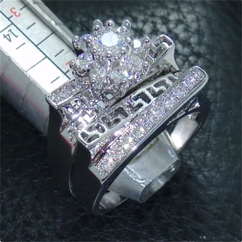 Hollow Lovers Ring Set AAAAA Zircon White Gold Wedding band Rings for Women Bridal Promise Engagement Jewelry Gift