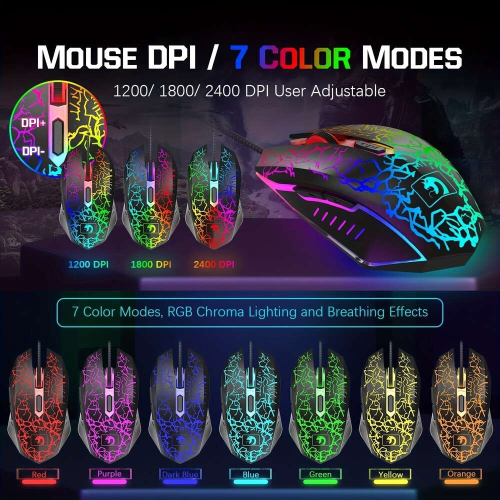 Wired Keyboard Pad Headset, Rainbow LED Backlit Keyboard, Over Ear Headphone with Mic, Gaming Mice, Mouse Pad, for PC Gamers Xbox and PS4.