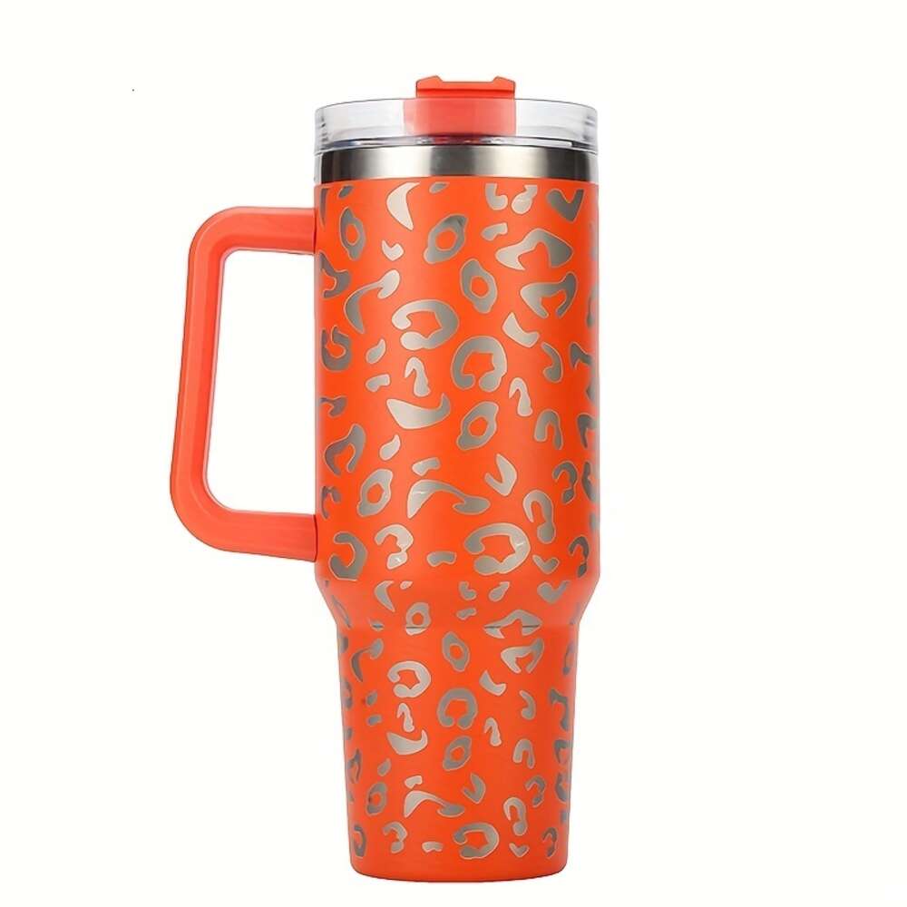 Large Capacity Leopard Print Stainless Steel Tumbler with Handle - Leakproof, Vacuum Insulated Cup for Car, Outdoor Sports, and More