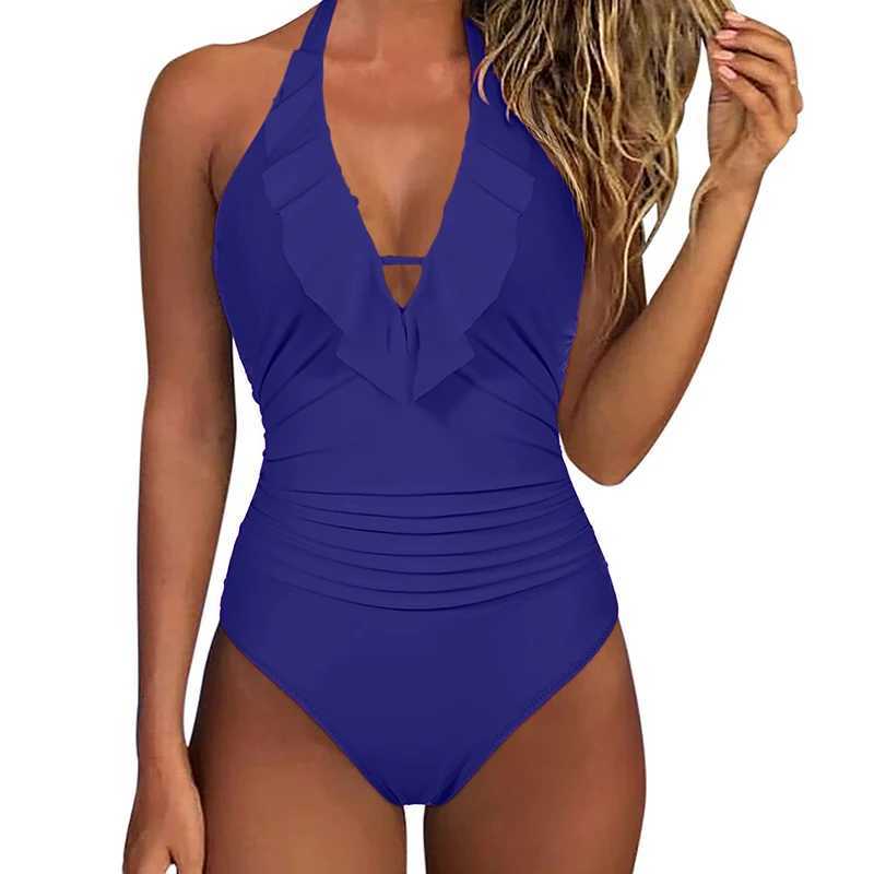 Women's Swimwear 2023 Women Swimwear Solid Halter One Piece Monokini Female Swimsuits Dp V Bodysuit Lady Padded Bra Bathing Suits Beachwear T240328