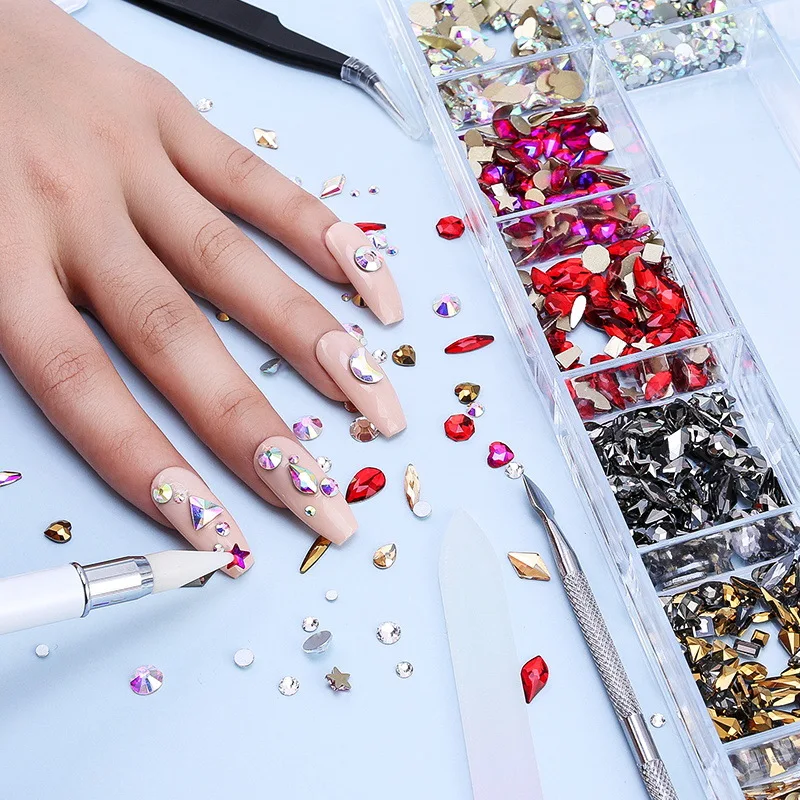 Equipments /box Mixed Ab Glass Crystal Diamond in Grids 21 Shape and Ss4ss20 Flatback Nail Art Rhinestone Set with 1 Pick Up Pen