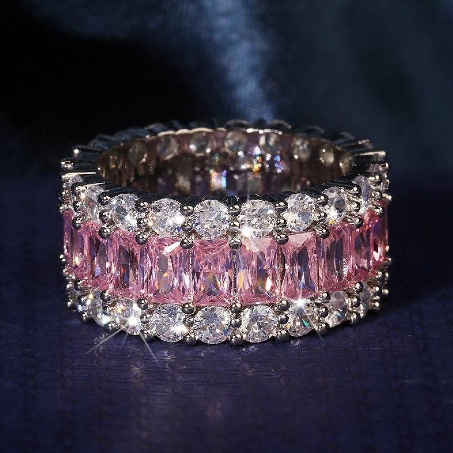 Pierścienie klastra Eternity Pink Sapphire Diamond Pierścień 925 Srebrny Srebrny Bijou Wedding Wedding For Women Bridal Fine Party JE2457
