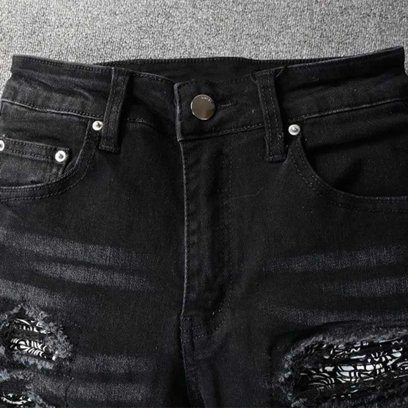 Jeans pour hommes Trendamiri Jeans noirs de haute rue européens et américains pour hommes portant des leggings à patch déchiré élastique pantalons décontractés pour hommes J240328