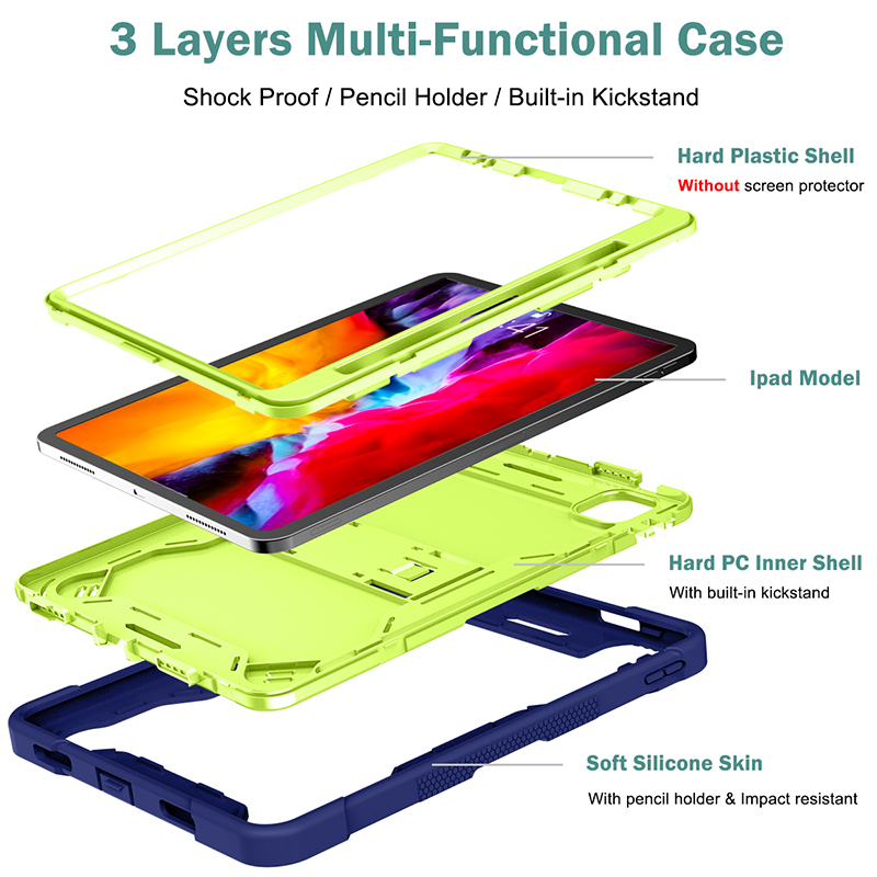 iPad Pro 11 태블릿 쉘 용 태블릿 케이스, 3 in 1 하이브리드 충격 방지 실리콘 젤 보호 태블릿 iPad Air 4/5를위한 킥 스탠드가 포함됩니다.