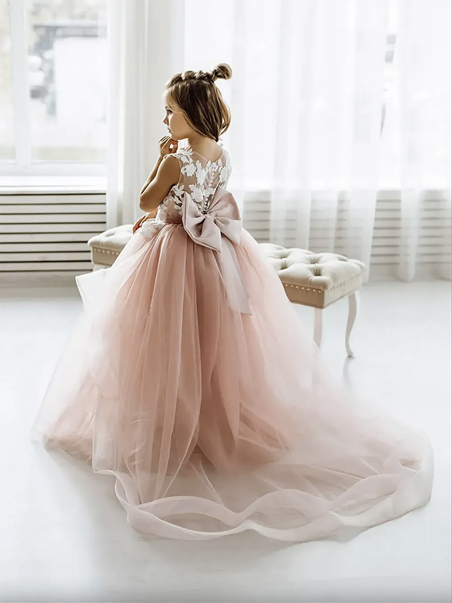 Lace Flower Girl Dress Bows Children's First Communion Dress Princess Tulle Ball Gown Wedding Party Dress