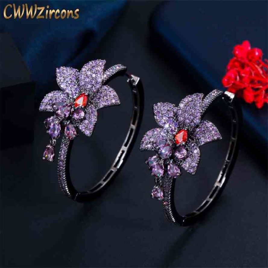 CWWZircons Chic Zwart Goud Kleur Paars Zirconia Kristal Ronde Big Dangle Drop Flower Charms Oorringen voor Vrouwen CZ820 2258G