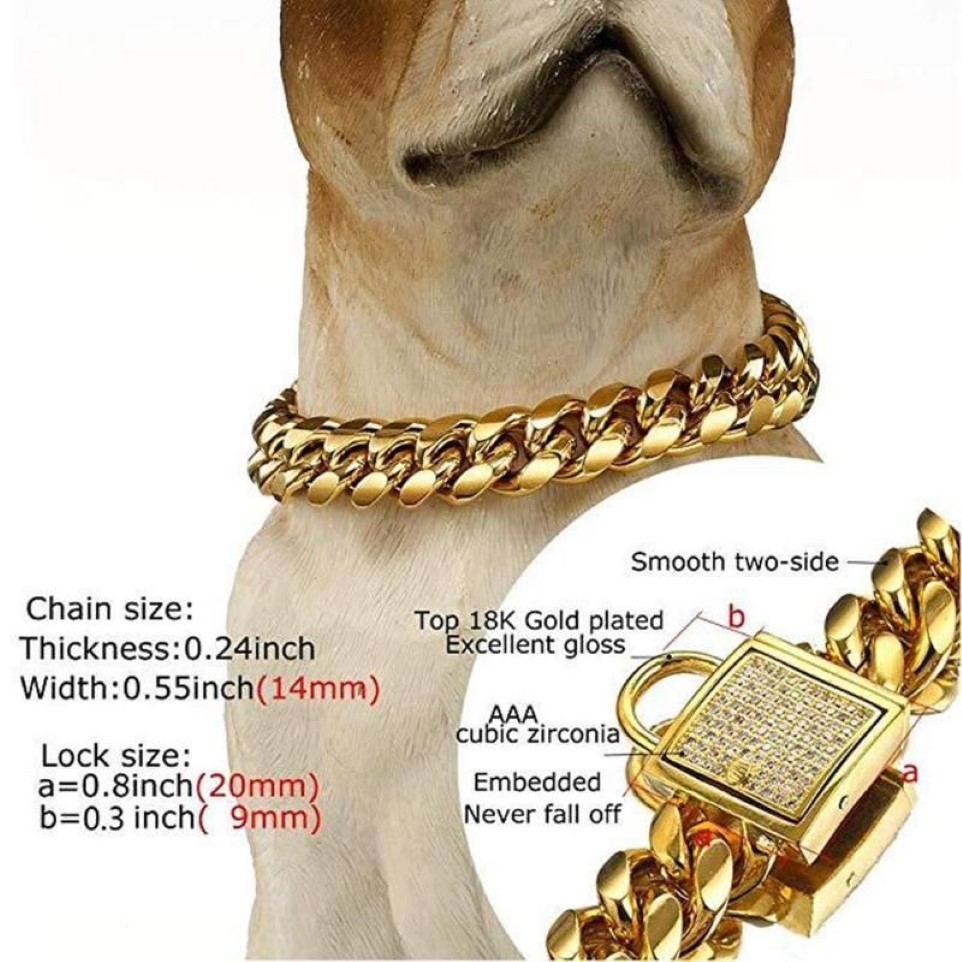 14mm Dog Collar Gold Color Stainless Steel Pet Chain Necklace Pet Supplies Canoidea Rhinestone Lock High Polished10-24Inch193b