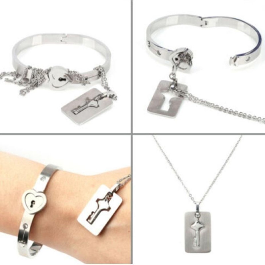 Par Titanium Steel Lock Bangle Armband och Key Pendant Necklace Love Set Women Men Lovers Jewel228e