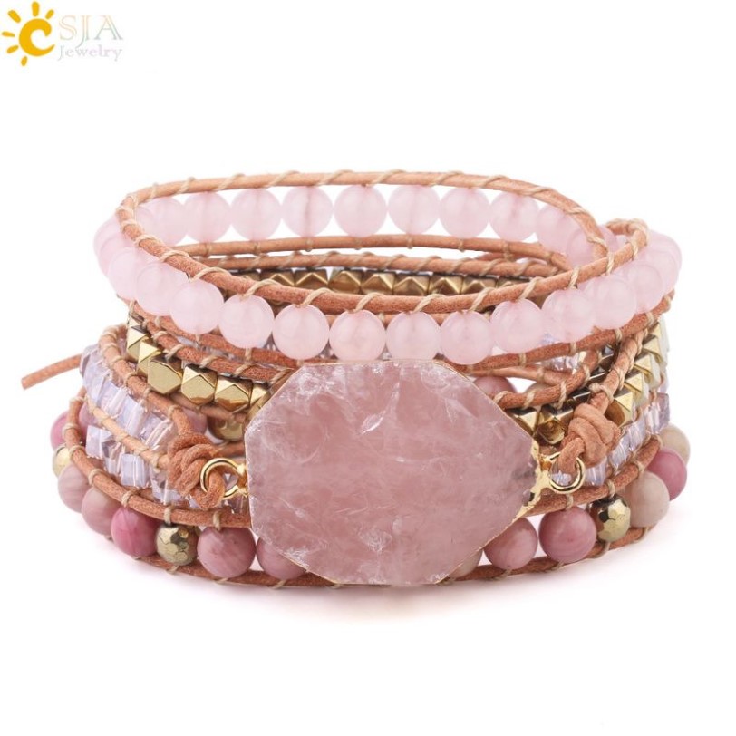 CSJA Natursteinarmband Rosa Quarz Leder Wickelarmbänder für Frauen Rose Edelsteine Kristallperlen Böhmen Schmuck 5 Strang S308 220283F