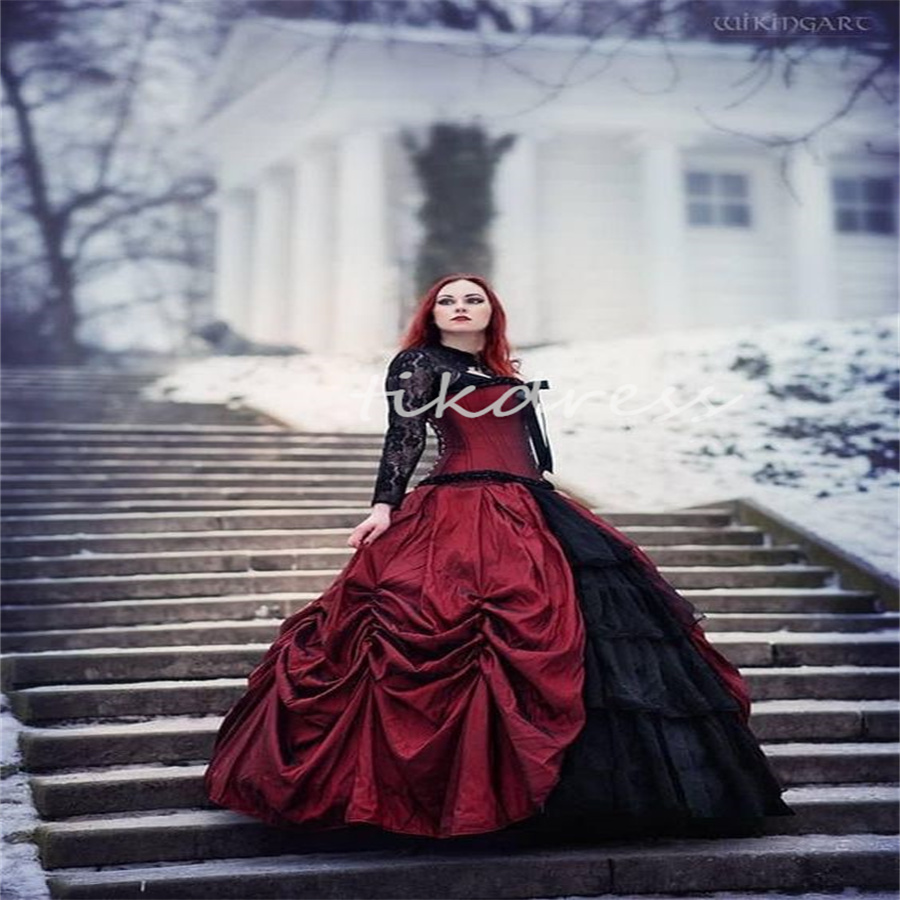 Wiktoriańskie gotyckie sukienki ślubne 2024 Czarne i czerwone średniowieczne renesansowe sukienki ślubne wiejskie z kurtki