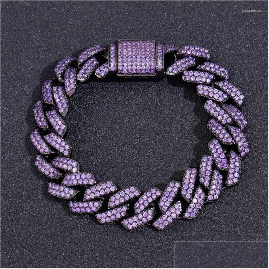 Łańcuchowe linki bransoletki lodowane łańcuchy dla mężczyzn kobiety 15 mm czarne fioletowe kubańskie cz kamienna bransoletka bioder biżuteria Dostawa Dh2Hm218f
