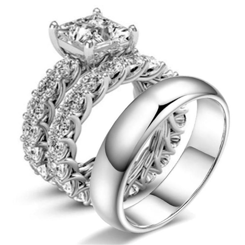 Anneaux de mariage Bague de fiançailles Ensembles en acier inoxydable CZ Zircon cubique carré et rond Couple ethnique279Y