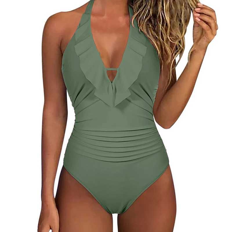 Women's Swimwear 2023 Women Swimwear Solid Halter One Piece Monokini Female Swimsuits Dp V Bodysuit Lady Padded Bra Bathing Suits Beachwear T240328