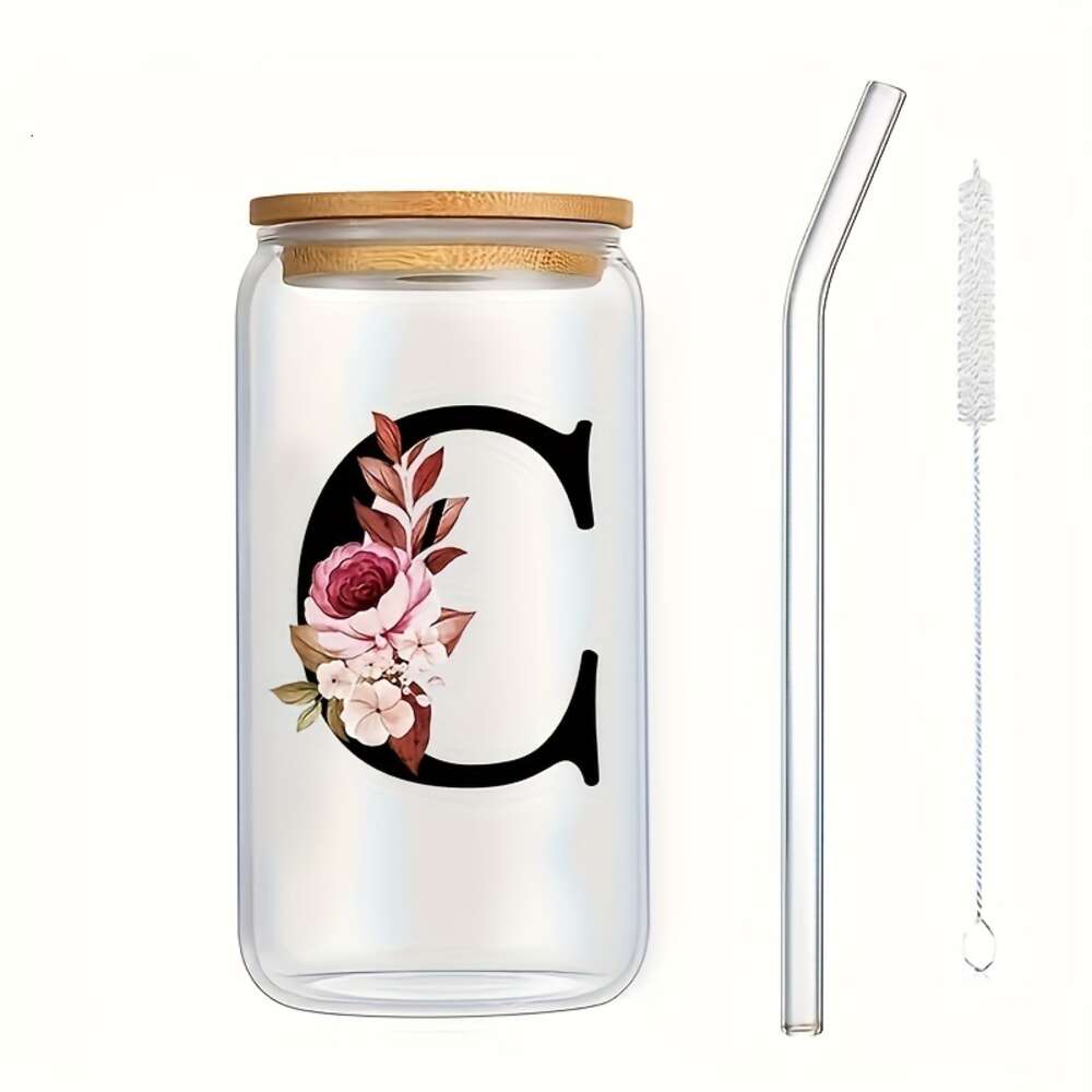 Chic 16oz Alphabet Flower Iced Coffee Glass Cup with Lid & Straw - Customizable, Reusable Tumbler for Her, Perfect Gift