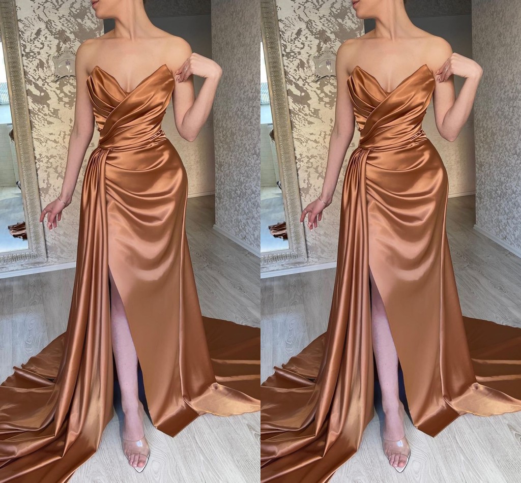 Brown Plus Size Mermaid Prom Dresses Long For Women Sweetheart High Side Split Draped Gleats Court Train Formal Wear Evening Birthday Pageant Gowns