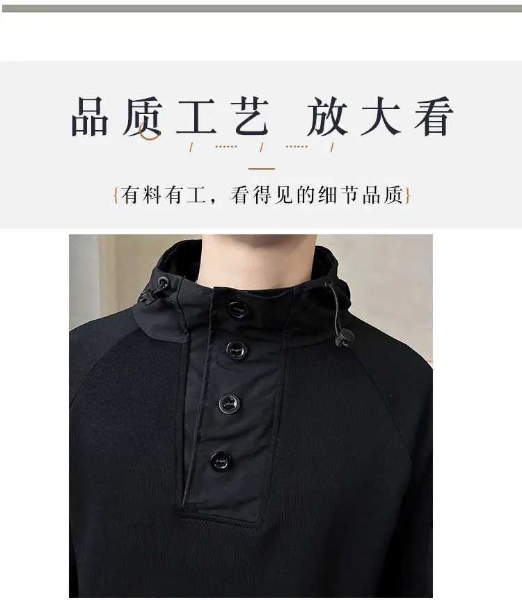 Hoodies masculinos moletom masculino techwear primavera novo botão pescoço preto hoodies estilo coreano moda masculina bolso retalhos com capuz agasalho algodão carga hoodie 24328