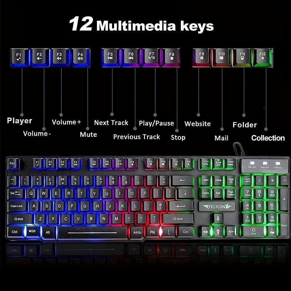 UK Layout Wired 104 Keys Keyboard Headphone Speaker 5 in 1 Combo with Multi RGB Backlight 2400DPI Mice Large Mouse Pad for Computer PC Gaming PS4 Xbox One.