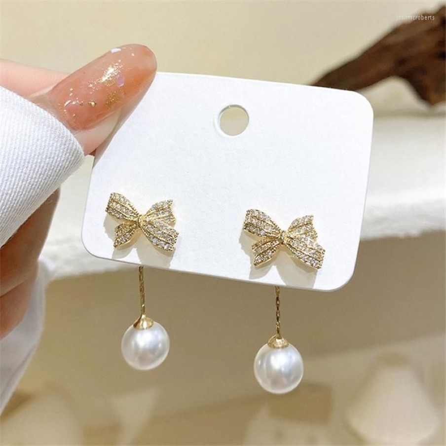 Dangle Oorbellen Koreaanse Mode Strass Metalen Strik Parel Hanger 2023 Trend Boog Parels Drop Voor Vrouwen Meisjes Tieners Jewelry271x