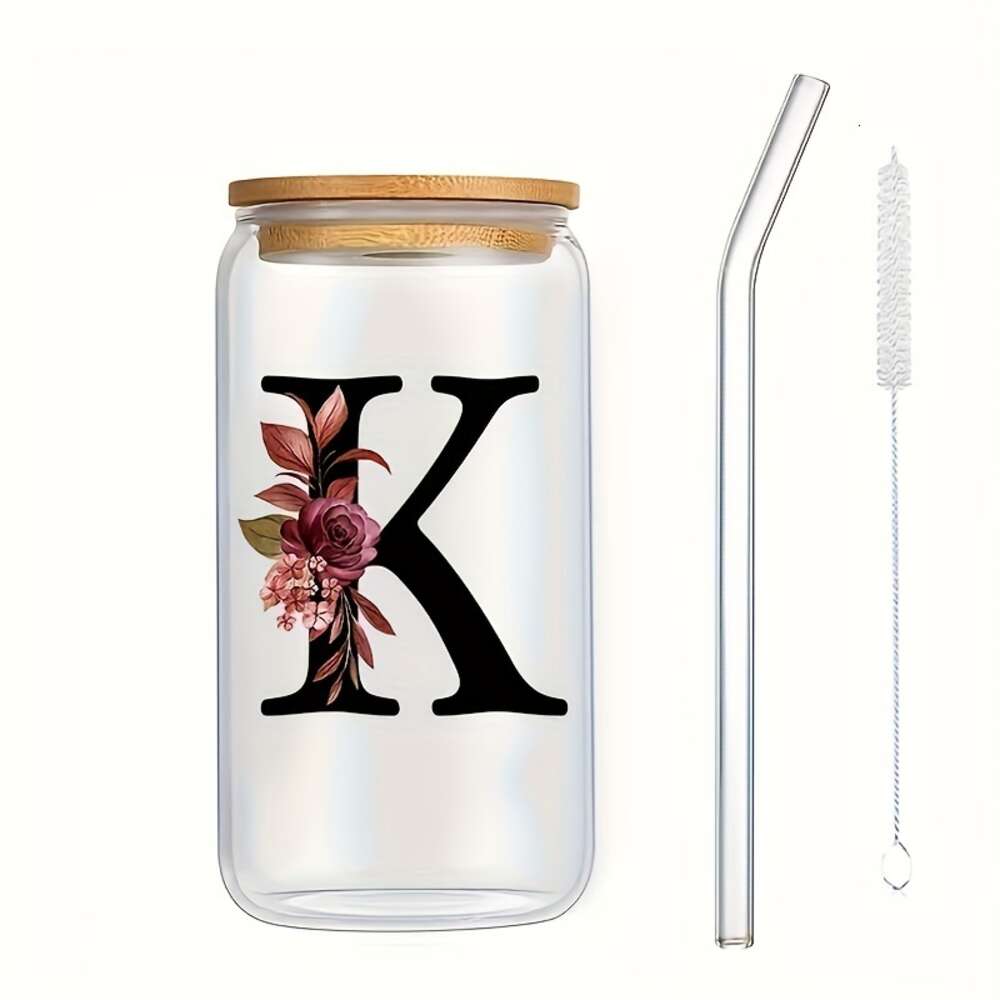 Chic 16oz Alphabet Flower Iced Coffee Glass Cup with Lid & Straw - Customizable, Reusable Tumbler for Her, Perfect Gift