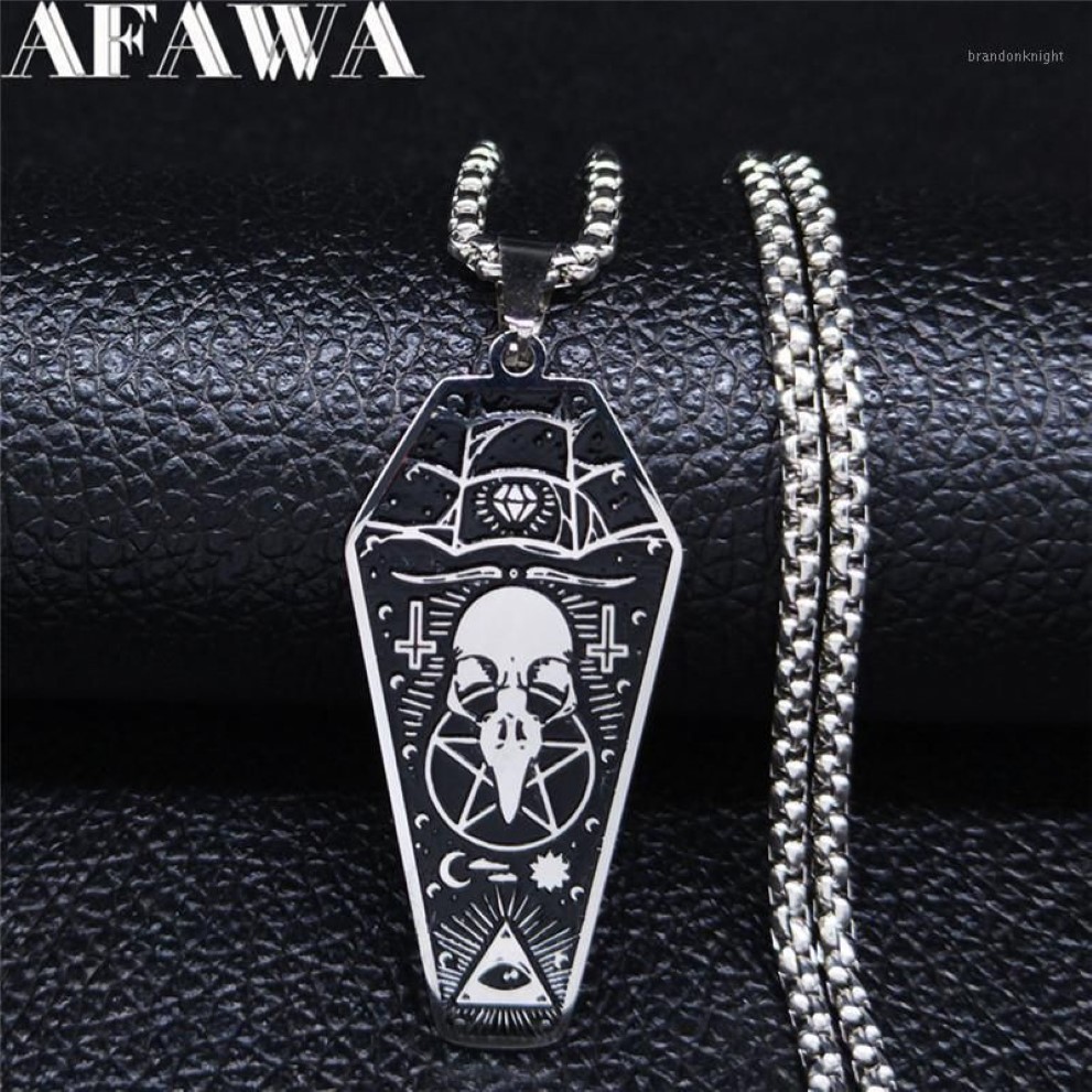 Afawa Witchcraft Vulture Coffin Pentagram Inverterad Cross rostfritt stålhalsband hängsmycken Kvinnor Silverfärgsmycken N3315S021269S