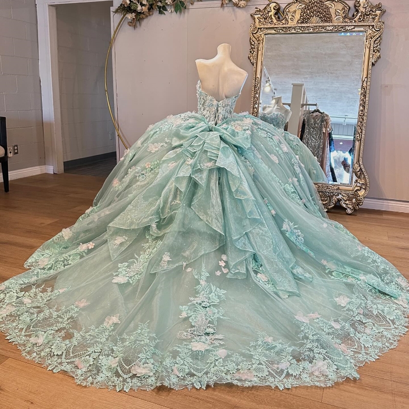 Robe de bal princesse vert clair, robe Quinceanera, fleurs 3D, appliques en dentelle, tulle, robe de fête d'anniversaire, douce 16 ans