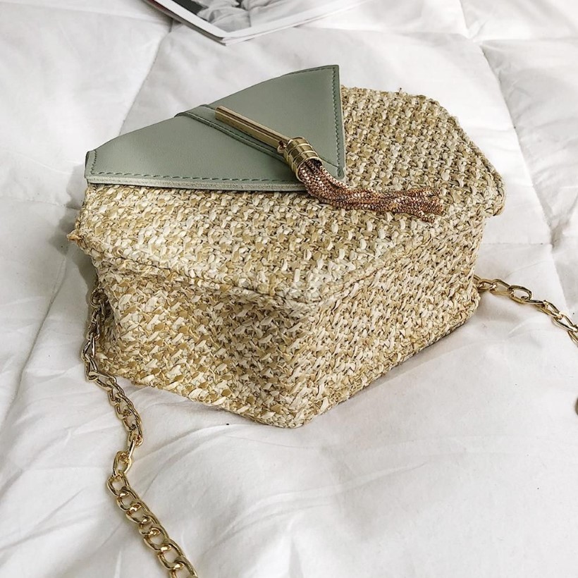 Sac à main en cuir de paille de style hexagonal pour femmes, sac d'été en rotin tissé à la main, cercle de plage bohème, sac à bandoulière, nouvelle mode 195L