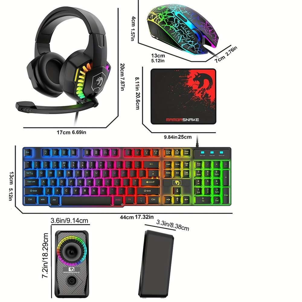 UK Layout Wired 104 Keys Keyboard Headphone Speaker 5 in 1 Combo with Multi RGB Backlight 2400DPI Mice Large Mouse Pad for Computer PC Gaming PS4 Xbox One.