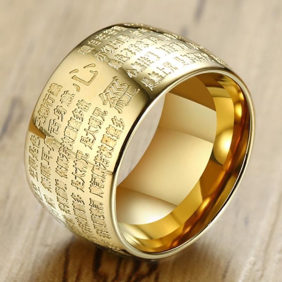 Bröllopsringar Vintage Buddha Rimbuu Sutra Stave Rune Faith Ring Buddhism Wide Steel For Women Men Buddhist Bekväma Fit Presents327e