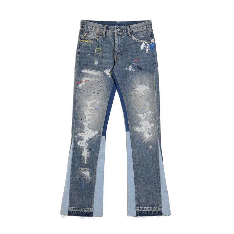 Men's Jeans High Street Retro Ink Splash Patch Work Tear Jeans Flash Pants Mens and Womens Straight Casual Extra Large Loose Denim Trousers J240328