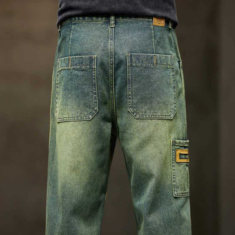 Men's Jeans Wide leg jeans mens pocket pants summer straight cut loose vintage blue jeans street clothing fashionable pockets vintage mens clothing J240328