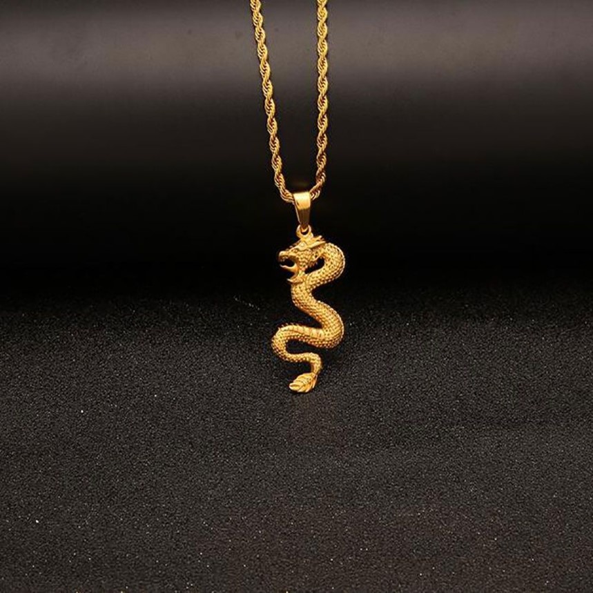 18K Gold Plated Gold Dragon Pendant Necklace Mens Charm with 24inch Cuban Link Chain Hip Hop Jewelry239n