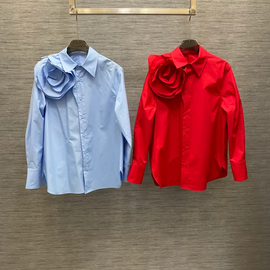 2024 Spring Handmade Roses Women`s Blouses Designer Red/Blue Cotton Long Sleeves Shirts Womens 12153