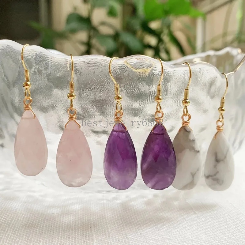 Elegant naturlig kristallörhänge för kvinnor som lyser långt tofs vatten droppe sten charm lapis rosa kvarts lila kristallörhänge storlek 13x25mm
