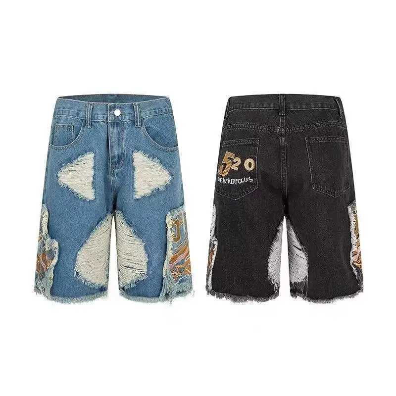 Mäns jeans broderade Tassel Street Denim Mens Street Hip-Hop Trend Brand rivna Pants European och American Fashion Retro Shorts J240328