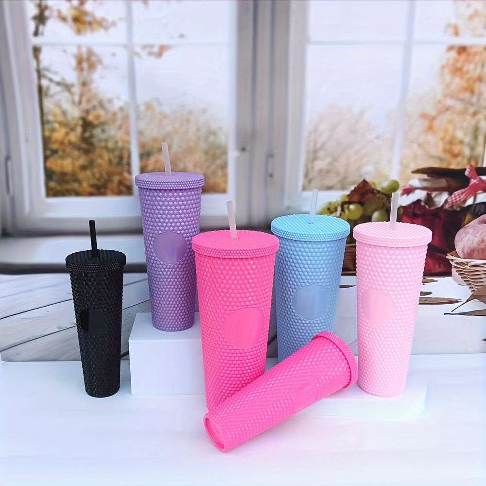 /400ml/700ml/1.1l Studded Tumbler with Lid Straw Solid Color Plastic Water Bottle for Summer Winter - Travel Drinkware and Christmas Gift