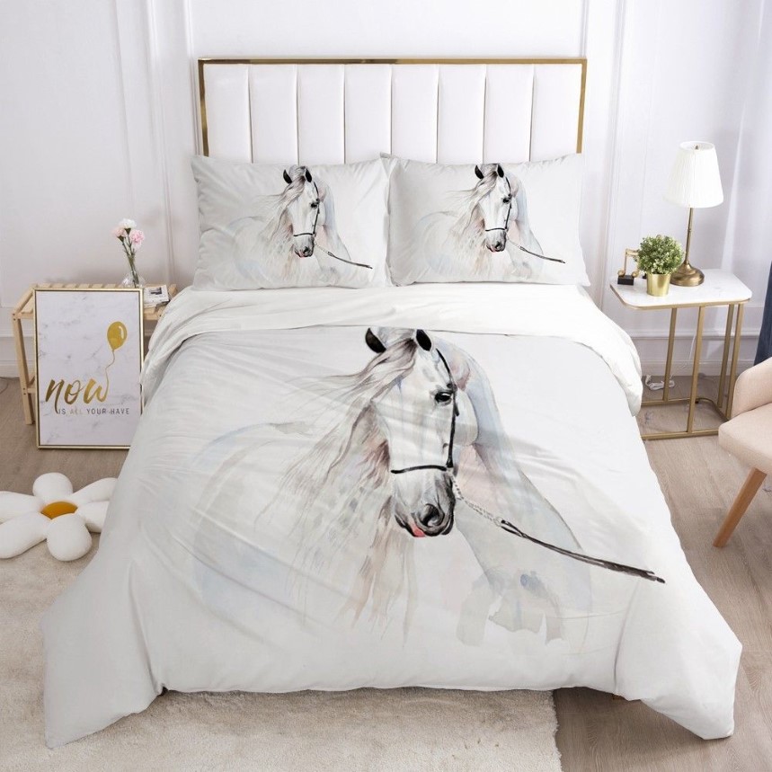 Set di biancheria da letto 3D Set copripiumino trapuntato Trapunte Federa Biancheria da letto King Queen Full Single Size Animale bianco Cavallo Casa Tessile 2314p