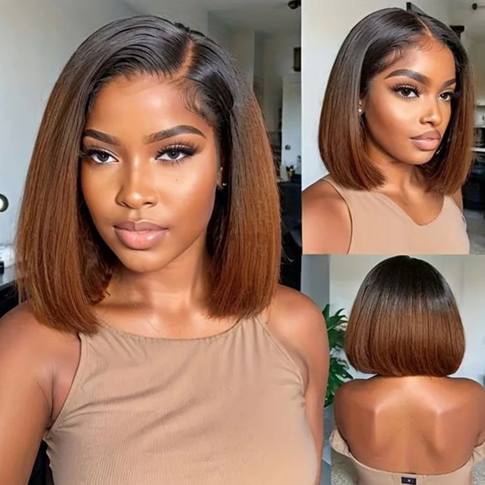 HD transparent invisible dentelle bob droite dentelle avant perruque de cheveux humains racines foncées 1b/30 auburn ombre couleur dentelle frontale perruque courte coupe émoussée 150% 10 pouces