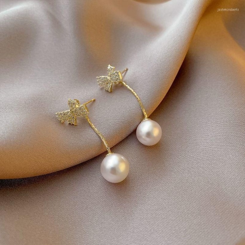 Dangle Earrings Korean Fashion Rhinestone Metal Bowknot Pearl Pendant 2023 Trend Bow Pearls Drop for Women Girls Teens Teens Jewelry271x