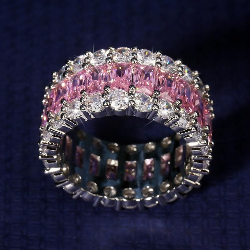 Anillos de racimo Eternity Pink Sapphire Diamond Ring 925 Sterling Silver Bijou Compromiso Banda de boda para mujeres Nupcial Fine Party Je2457