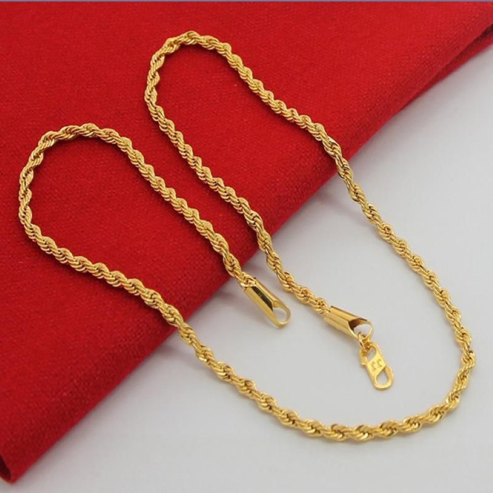 24K Pure Gold 3mm Rope Chain Halsband Hela guldfärg Halsband mode smycken Populära kedjor för män Punk Party2895