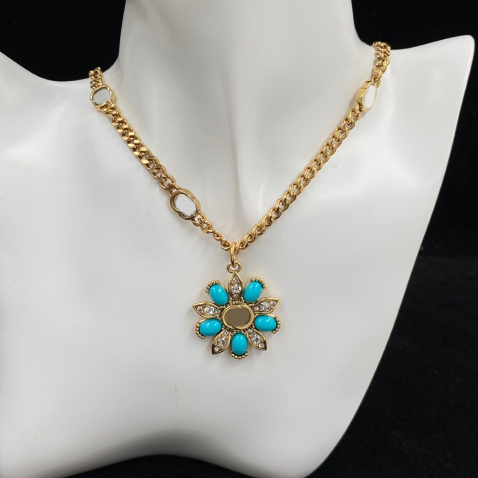 Blue Flower Shape Rhinestone Pendant Halsband Antik bronskedja lyxhalsband modevarumärkesdesigner för Woman Girl Ladies W249K