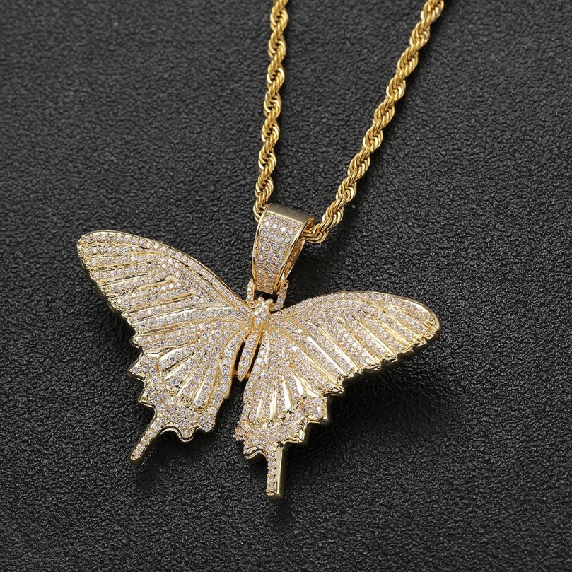 Iced Out Animal Butterfly Pendant Necklace With Rope Chain Gold Silver Cubic Zircon Men Women Hip hop Rock Jewelry280l