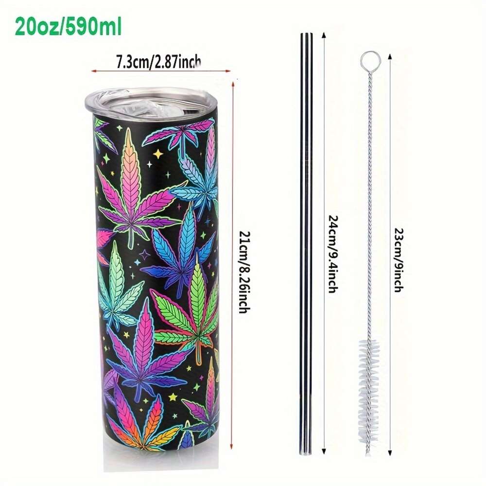 Imprimé à feuilles d'érable 20 oz skinny en acier inoxydable Tasse de voiture isolée à vide à double paroi avec paille en métal mince tasse de voyage à tasse, eau, thé - parfait pour