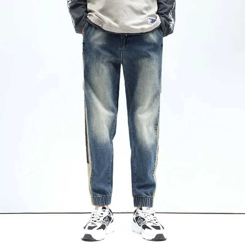 Calças masculinas Jogger Calças Mens Jeans Solto Cintura Elástica Roupas de Rua Mens Backpants Patch Work Fashion Designer Mens Calças Kpop Estilo J240328