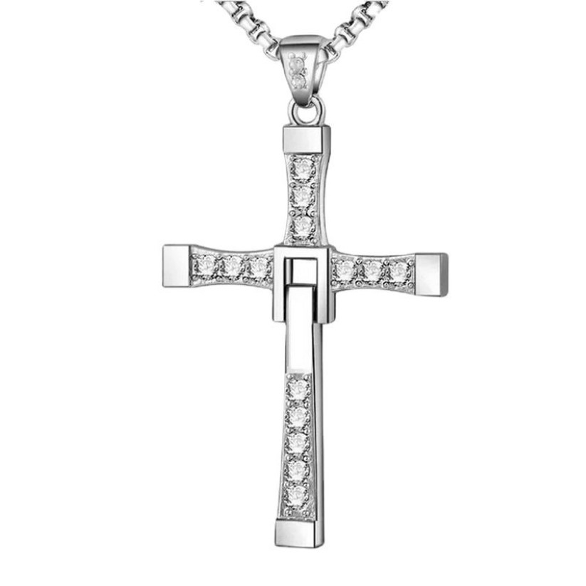 Herren-Halskette mit Anhänger aus Edelstahl, The Movie Fast and Furious, CZ-Kristall, christliches Jesus-Kreuz mit einer Rolo-Kette306B