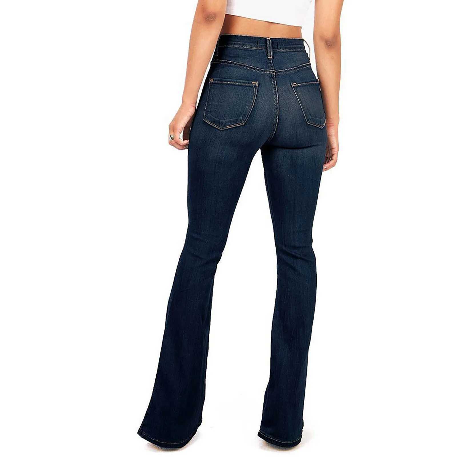 Kvinnors jeans kvinnor high street flare byxor vintage mode fast färg multi-pocket denim jeans damen hög midja bred ben bootcut byxor 24328