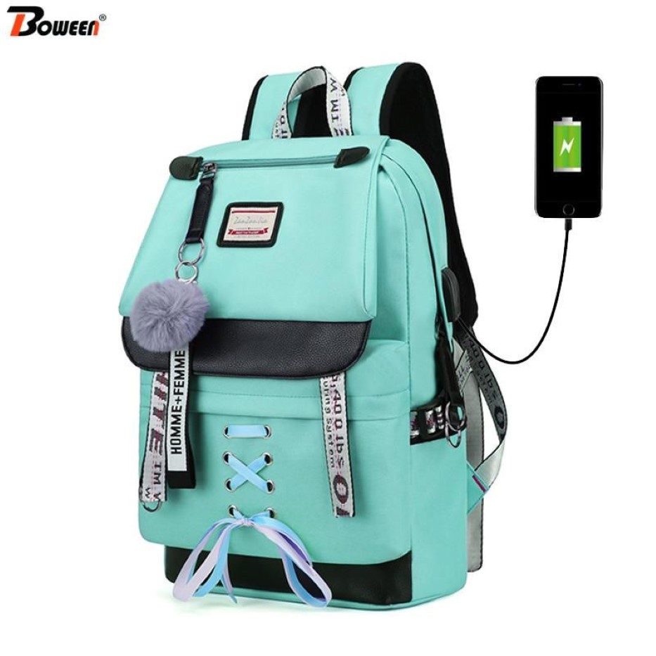 십대 소녀 USB 학교 가방 캔버스 중학교 고등학교 학생 Bagpack286b 대형 녹색 배낭 여성 학교 배낭